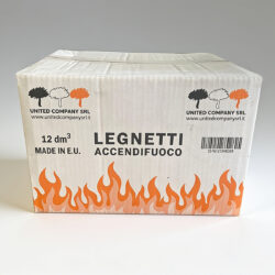 Scatola di Legnetti Accendifuoco 12 dm³ Made in E.U. | United Company S.r.l. Confezione in cartone di legnetti accendifuoco da 12 decimetri cubi, con logo United Company S.r.l. e fiamme stilizzate. Prodotto Made in E.U.