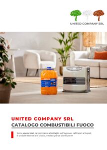 Copertina del catalogo Combustibili Fuoco di United Company srl, con una stufa portatile e una tanica di combustibile liquido in un ambiente domestico.