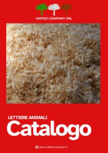 Copertina del catalogo Lettiere Animali di United Company srl, raffigurante trucioli di legno naturale chiari e depolverati.