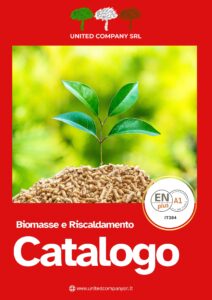 copertina catalogo pellet biomasse riscaldamento United Company Copertina del catalogo Biomasse e Riscaldamento di United Company srl, con pellet di legno e logo di certificazione ENplus A1. Didascalia (Caption)