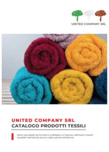 Copertina del catalogo Prodotti Tessili di United Company srl, con soffici asciugamani in spugna colorati e arrotolati.